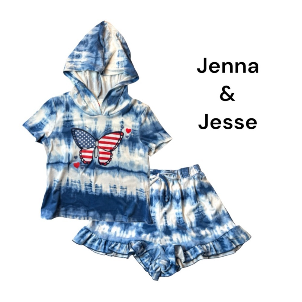 NWT Jenna & Jesse Patriotic 2 Piece Blue & White Hoodie & Shorts Outfit Size 7